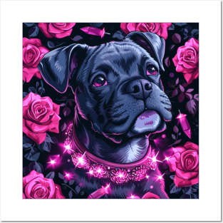 Staffy And Pink Roses Posters and Art